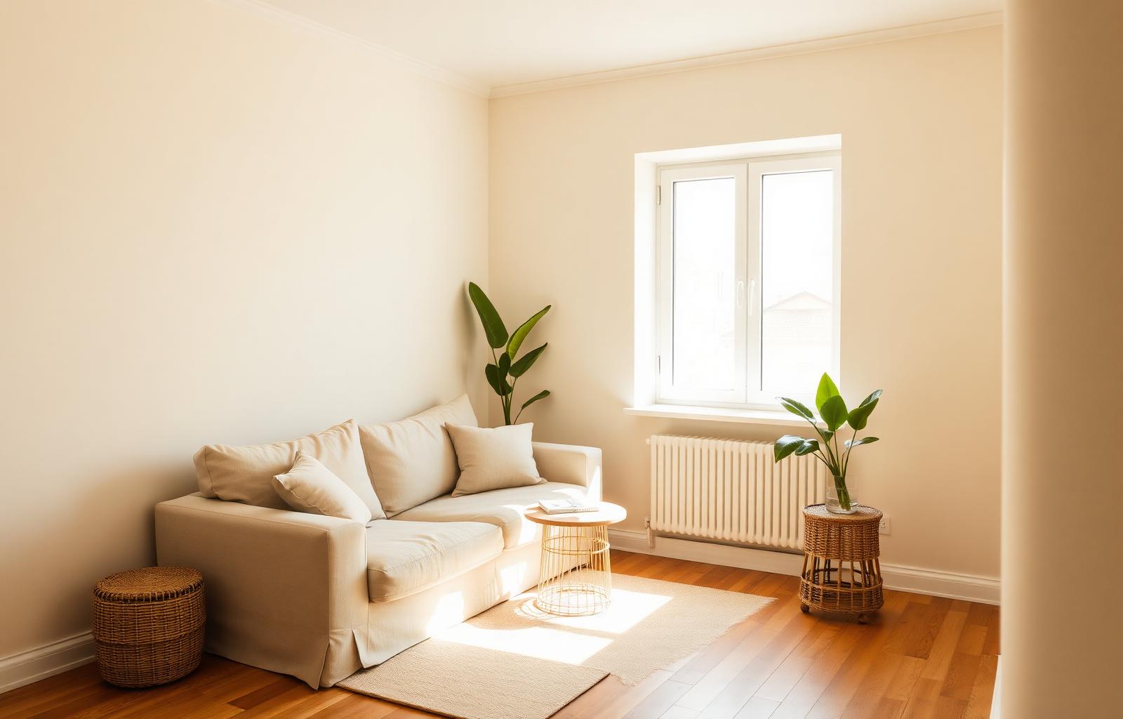 A sunlit small apartment living room