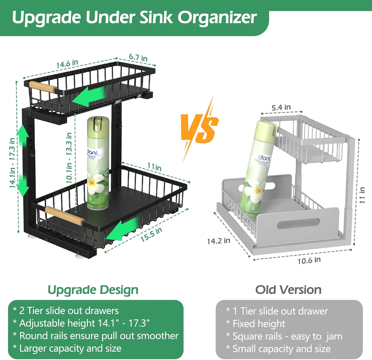 ADRIMER 2-Tier L-Shaped Under Sink Organizer installed