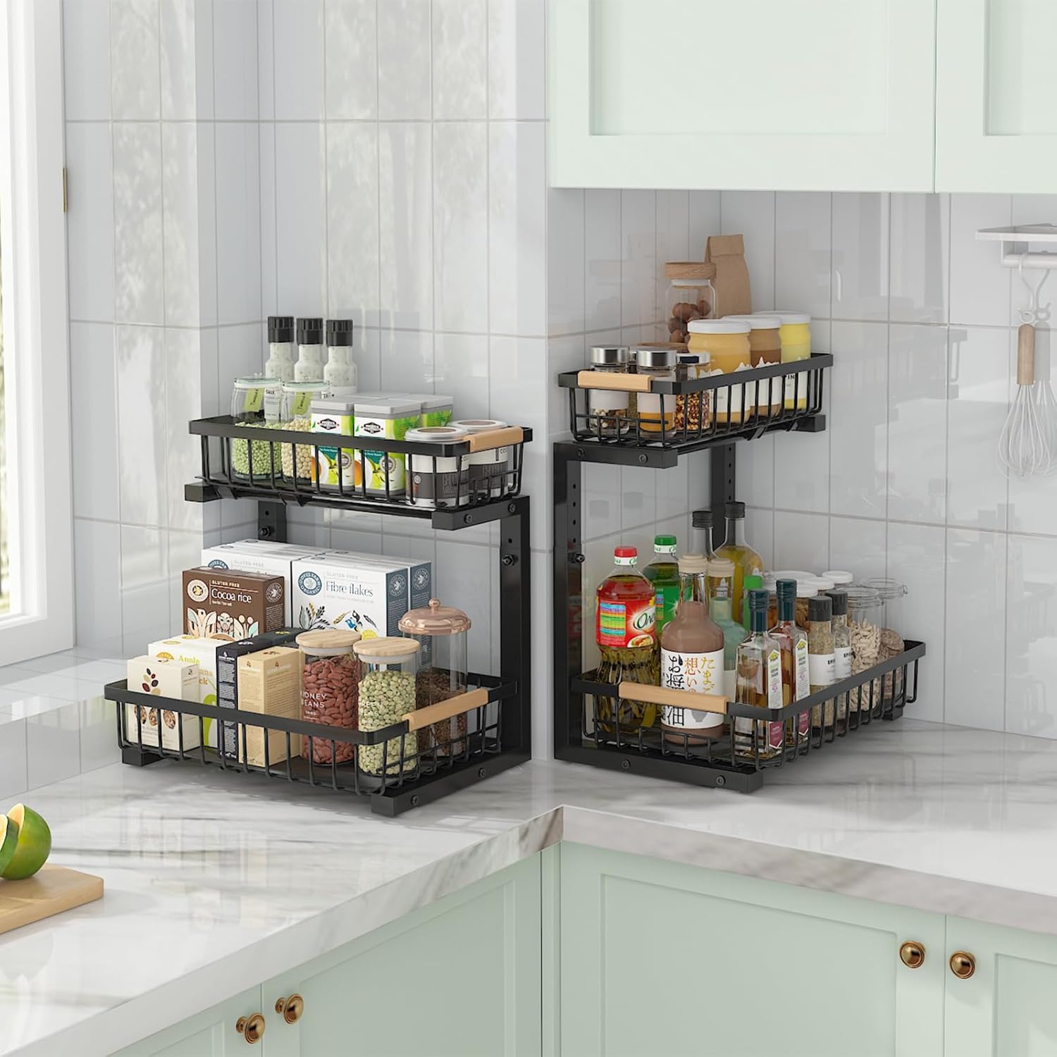 Height-adjustable wire basket with wood accent